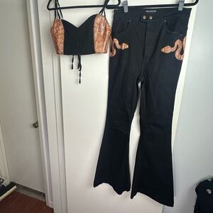 Urban Outfitters Black Cropped Snake Tie Back Top & Flare Matching Jeans L/28